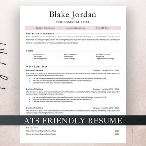 May include: A light pink resume template with black text. The template includes sections for professional summary, skills, work experience, education, and a section titled "ATS Friendly Resume".