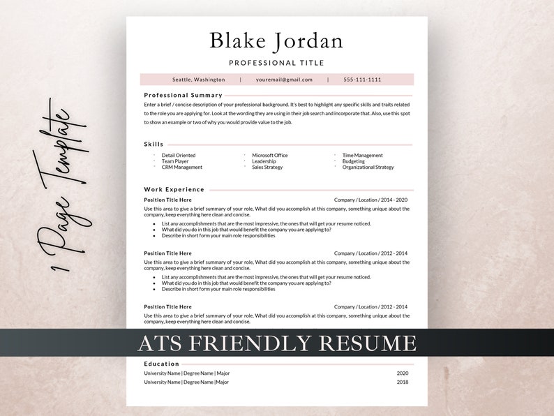 May include: A light pink resume template with black text. The template includes sections for professional summary, skills, work experience, education, and a section titled "ATS Friendly Resume".