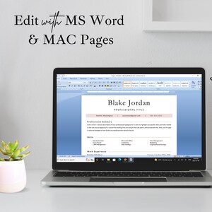 May include: A laptop computer displaying a resume template in Microsoft Word. The resume template is for Blake Jordan, and includes sections for professional summary, skills, and work experience. The text "Fully Customizable" is written vertically on the right side of the image.