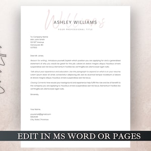 May include: A cover letter template with a pink and white background. The text is black and includes the name Ashley Williams, the title "Your Professional Title", and the text "Edit in MS Word or Pages".