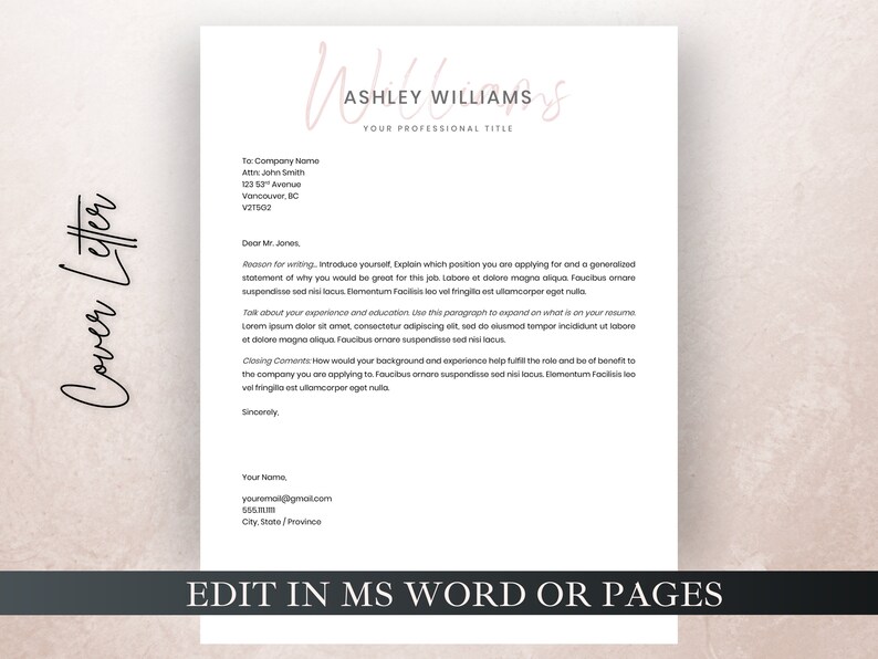 May include: A cover letter template with a pink and white background. The text is black and includes the name Ashley Williams, the title "Your Professional Title", and the text "Edit in MS Word or Pages".