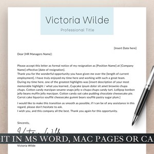 Carta de renuncia / Plantilla de carta de renuncia profesional, tarjeta de renuncia de trabajo, renuncia moderna, editable en PÁGINAS de MS Word y CANVA
