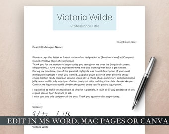 Resignation Letter | Professional Resignation Letter Template, Quitting Job Card, Modern Resignation, Editable in MS Word PAGES and CANVA