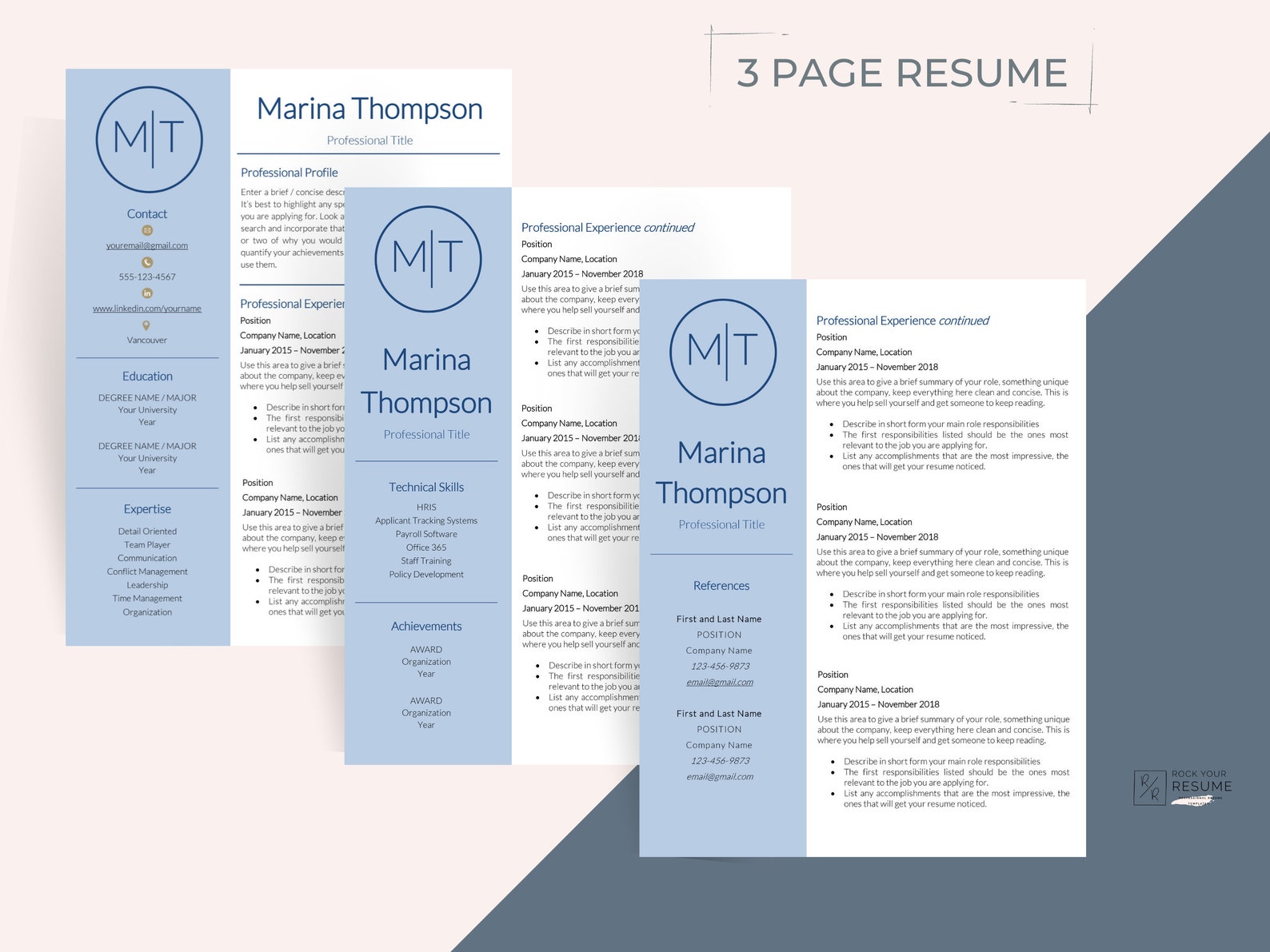 Modern Resume Template 3 Page Resume Template Professional - Etsy
