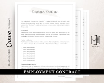 Employment Contract Editable in Canva or Microsoft Word, New Hire Onboarding, HR Forms for Small Business, Employer Agreement