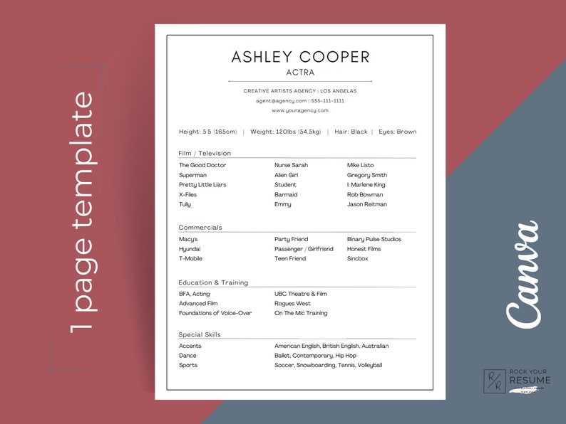 Actor Resume Template CANVA | Acting Resume With Headshot Template ...