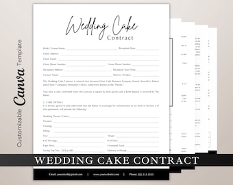May include: A black and white wedding cake contract template with the text "Wedding Cake Contract" in a cursive font. The template includes fields for the bride and groom's names, addresses, phone numbers, and other details. The contract also includes a section for cake details, such as the wedding theme, flavors, frosting, filling, size, and number of servings.
