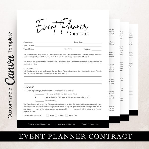 Può includere: Un modello di contratto per un organizzatore di eventi in bianco e nero con il titolo "Event Planner Contract" in alto. Il modello include sezioni per le informazioni del cliente, i dettagli dell'evento, il pagamento e le firme.
