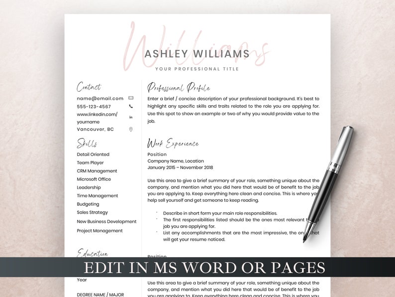 May include: A black and white resume template with the text "EDIT IN MS WORD OR PAGES" in bold, white letters on a black background. The resume template is for a person named Ashley Williams.