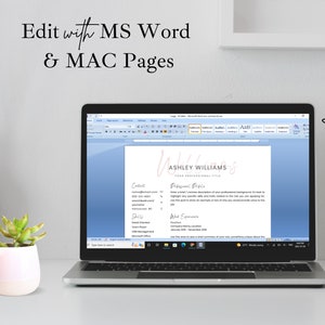 May include: A laptop computer displaying a resume template in Microsoft Word. The resume template is customizable and includes sections for contact information, skills, and work experience. The text "Edit with MS Word & MAC Pages" is displayed above the laptop. The text "Fully Customizable" is displayed to the right of the laptop.