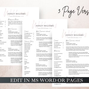 May include: A three-page CV template with a pink and white colour scheme. The template includes sections for contact information, work experience, skills, education, and references. The text "Edit in MS Word or Pages" is at the bottom of the page.