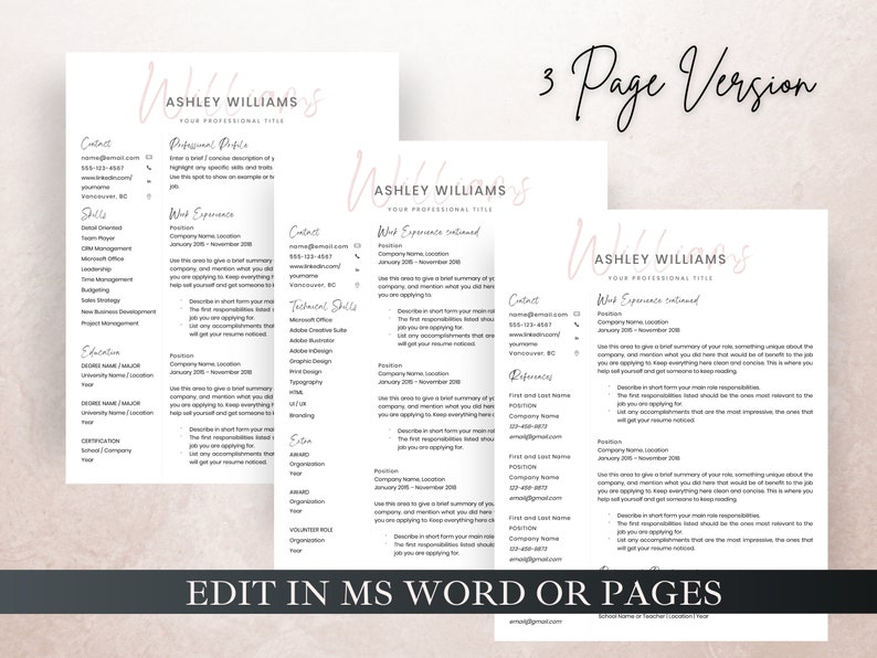 May include: A three-page CV template with a pink and white colour scheme. The template includes sections for contact information, work experience, skills, education, and references. The text "Edit in MS Word or Pages" is at the bottom of the page.