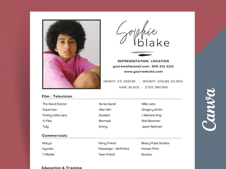 Actor Resume Template CANVA | Acting Resume with Headshot Template | 8x10 Resume Template CANVA | Theatre Resume | Actor CV Template