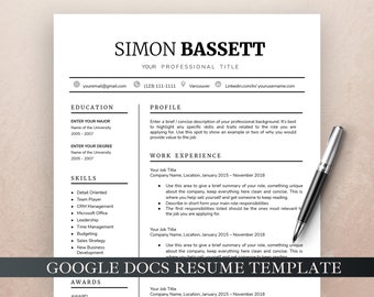 May include: A black and white resume template for Google Docs. The template includes sections for education, work experience, skills, awards, and a profile section. The template is designed to be easy to use and customize.
