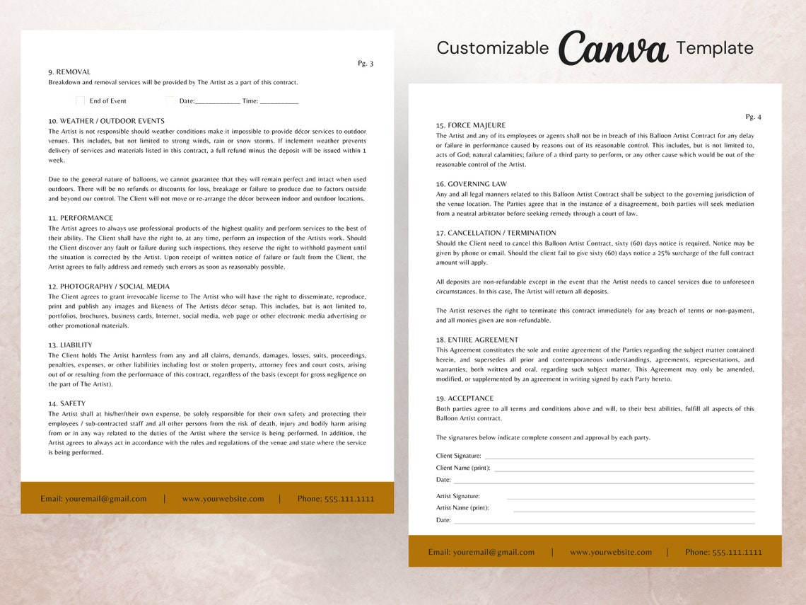 Balloon Artist Contract Balloon Stylist Agreement Balloon Etsy