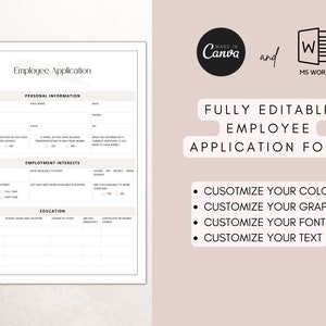 May include: A printable employee application form template in a light brown and white color scheme. The template is fully editable and can be customized with different colors, graphics, fonts, and text. The template is compatible with Canva and Microsoft Word.