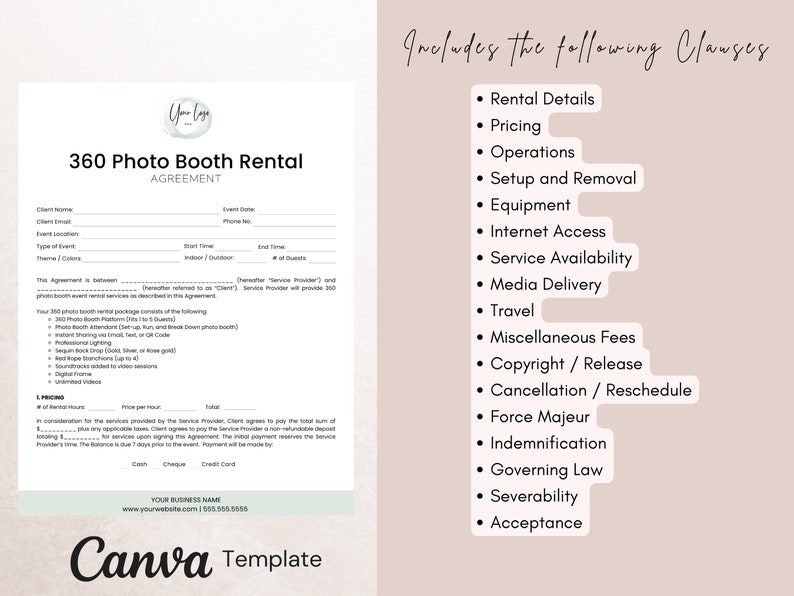 360 Photo Booth Rental Contract, Edit in Canva, 360 Photo Booth