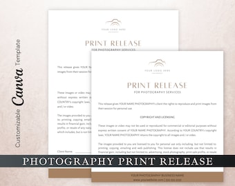 Print Release Form for Photography, Photo Release Form Editable in CANVA, Photography Marketing Template, Photography Release Form