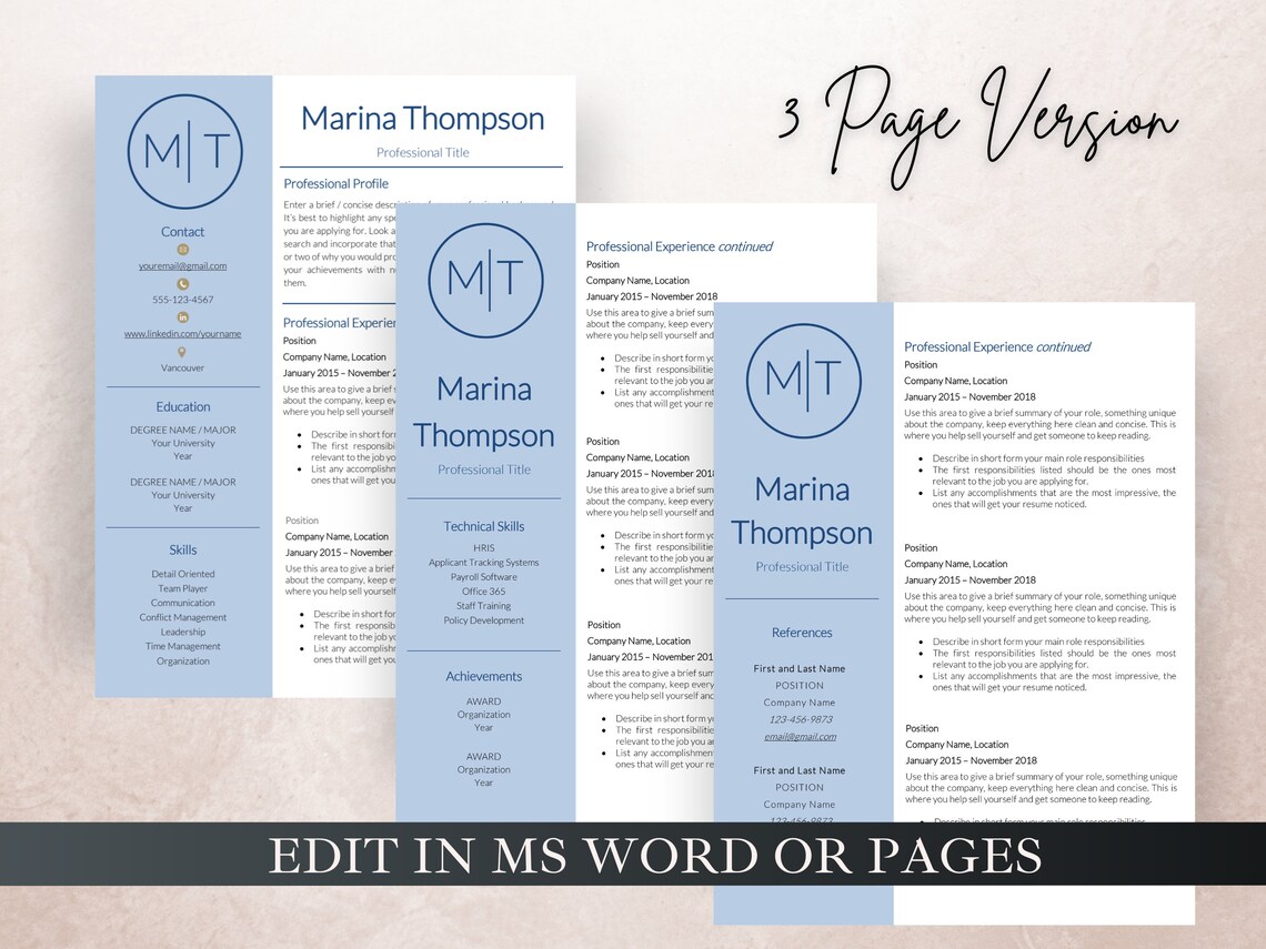 Modern Resume Template 3 Page Resume Template Professional - Etsy
