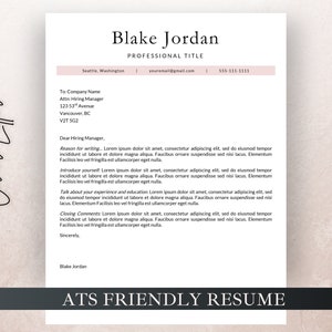 May include: A formal cover letter template with a black and white design. The letter is addressed to a hiring manager and includes a section for the reason for writing, introducing yourself, talking about your experience and education, and closing comments. The letter is signed "Blake Jordan" and includes the text "ATS FRIENDLY RESUME" at the bottom.