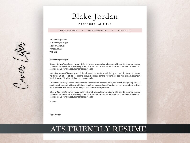 May include: A formal cover letter template with a black and white design. The letter is addressed to a hiring manager and includes a section for the reason for writing, introducing yourself, talking about your experience and education, and closing comments. The letter is signed "Blake Jordan" and includes the text "ATS FRIENDLY RESUME" at the bottom.