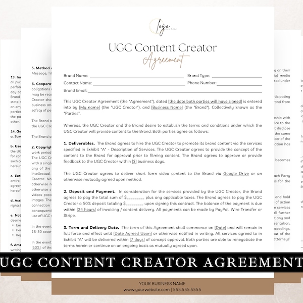 UCG Creator Agreement | UGC Templates, UGC Contract Template, User Generated Content, Content Creator, Influencer Contract Template