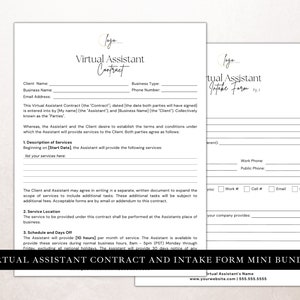 Virtual Assistant Contract Template and Intake Form, VA Contract, Service Contract, Freelancer Contract, Personal Assistant Agreement