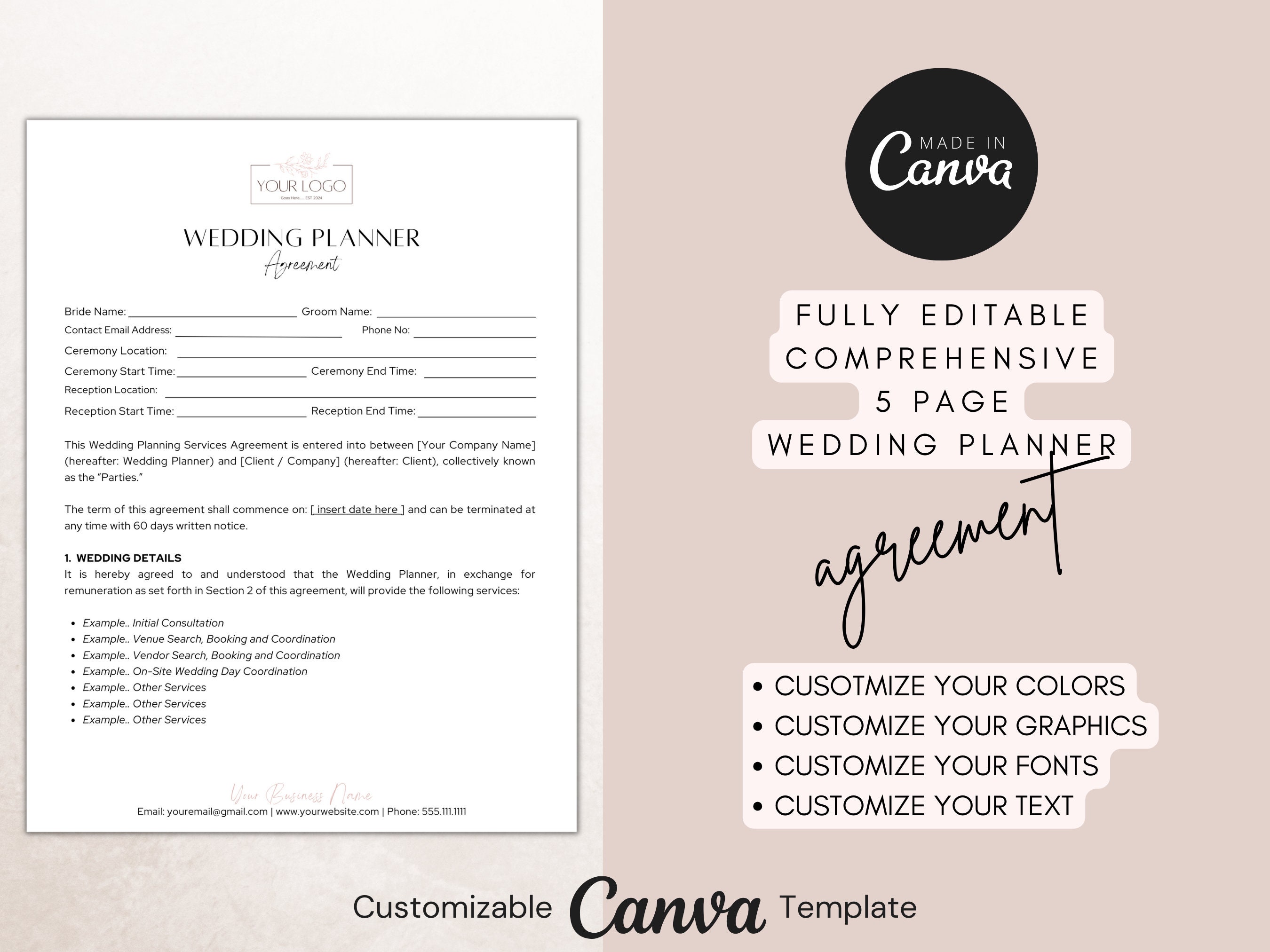 Wedding Planner Agreement, Editable in Canva, Professional Client