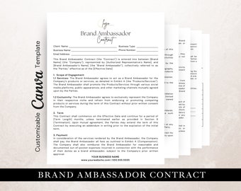 Brand Ambassador Contract Template,  Edit in Canva, Brand Ambassador Agreement, Influencer Contract