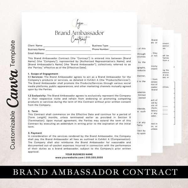 Brand Ambassador Contract Template,  Edit in Canva, Brand Ambassador Agreement, Influencer Contract