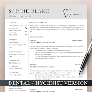 Dental Resume Template for MS Word and Pages, Dental Assistant Resume, Dental Hygiene Resume, Dental Receptionist Resume, Dentist CV