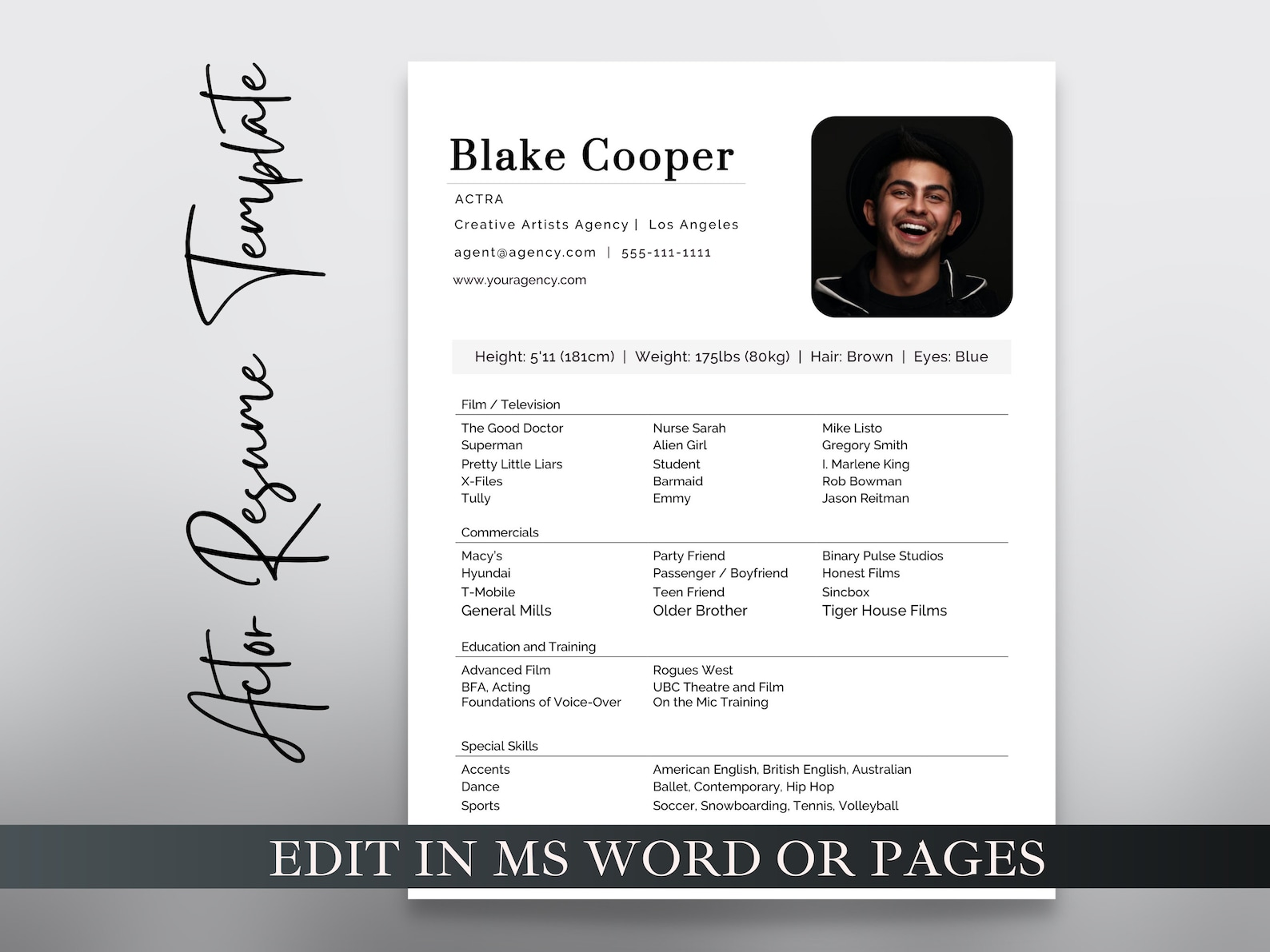 Acting Resume Template Editable in MS Word or Pages | Actor Resume ...