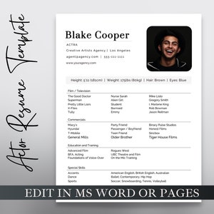 Acting Resume Template Editable in MS Word or Pages | Actor Resume | 8x10 Resume Template | Theatre Resume | Actor CV