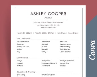 Actor Resume Template CANVA | Acting Resume with Headshot Template | 8x10 Resume Template CANVA | Theatre Resume | Actor CV Template