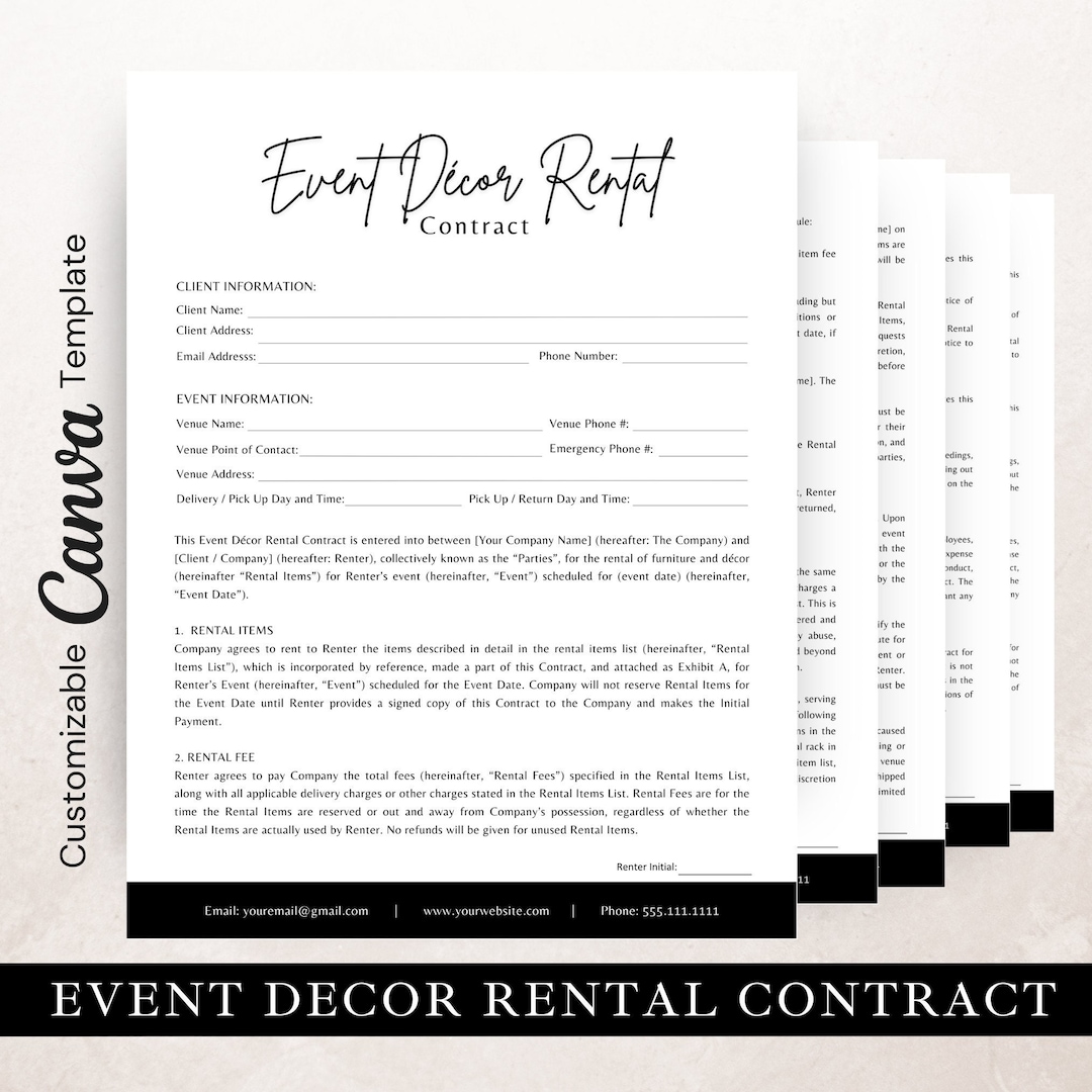 Event Décor Rental Contract, Editable in Canva, Party Equipment Rental