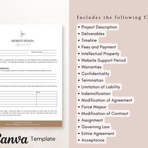 K&ouml;nnte beinhalten: Eine Website-Design-Vertragsvorlage mit einer Liste von Klauseln, darunter Projektbeschreibung, Liefergegenst&auml;nde, Zeitplan, Geb&uuml;hren und Zahlung, geistiges Eigentum, Website-Supportzeitraum, Garantien, Vertraulichkeit, Beendigung, Haftungsbeschr&auml;nkung, Schadloshaltung, &Auml;nderung der Vereinbarung, h&ouml;here Gewalt, Vertrags&auml;nderung, Abtretung, anwendbares Recht, Gesamtvereinbarung und Annahme.