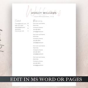 May include: A resume template with a pink watercolour background. The template includes sections for contact information, references, and a professional title. The text "EDIT IN MS WORD OR PAGES" is at the bottom of the page.
