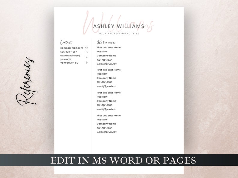May include: A resume template with a pink watercolour background. The template includes sections for contact information, references, and a professional title. The text "EDIT IN MS WORD OR PAGES" is at the bottom of the page.