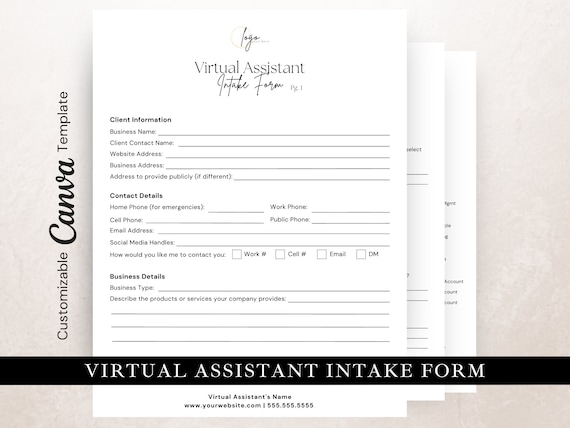 Virtual Assistant Client Intake Form, VA Client Questionnaire, Editable in Canva, Virtual Assistant Form,