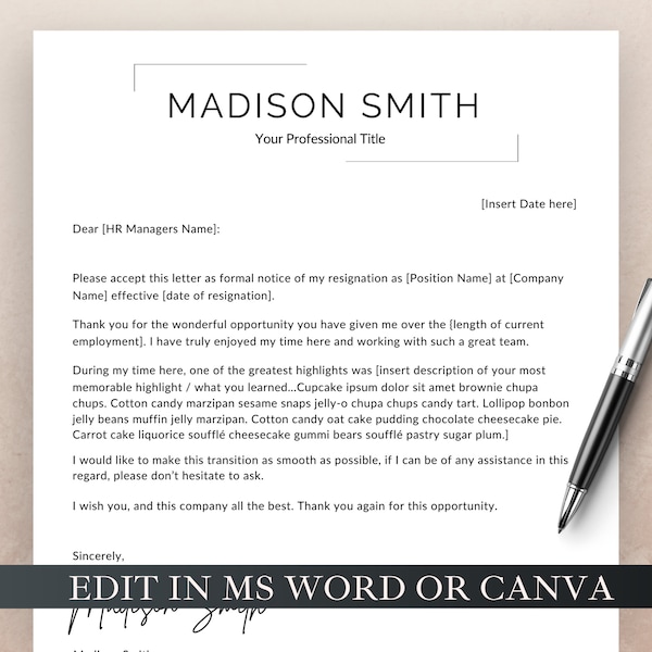 Resignation Letter | Professional Resignation Letter Template, Quitting Job Card, Modern Resignation, Editable in MS Word and CANVA