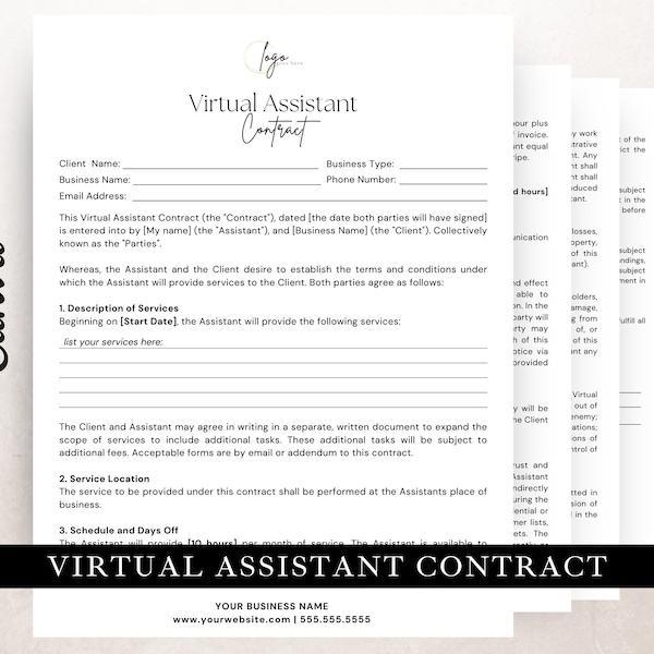 Virtual Assistant Contract Template, Client Agreement, Service Contract, Freelancer Contract, Personal Assistant Agreement, VA Contract