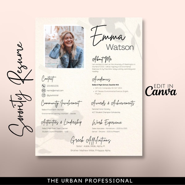 Sorority Resume Template CANVA, Sorority Resume with Photo Template, Sorority CV Template, Sorority Recruitment Packet, Sorority Rush Resume