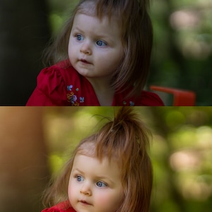 May include: A young girl with red hair wearing a red dress with floral embroidery. She is looking to the side with a thoughtful expression.