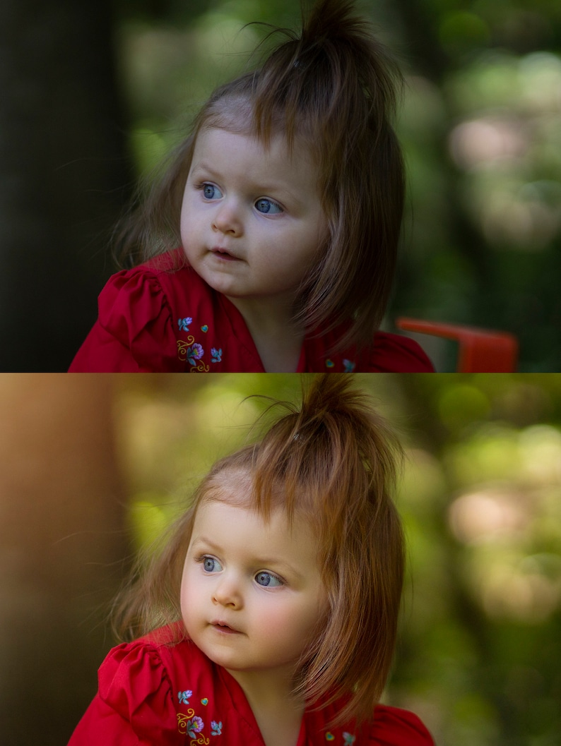 May include: A young girl with red hair wearing a red dress with floral embroidery. She is looking to the side with a thoughtful expression.