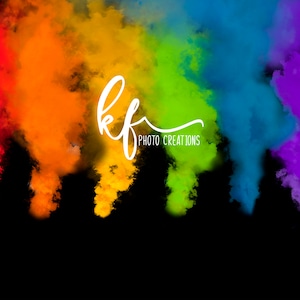 May include: A vibrant image featuring colorful smoke plumes in a rainbow spectrum against a black background. The text "kf PHOTO CREATIONS" is written in a cursive font in the center of the image.