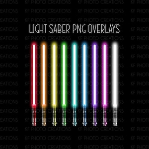 May include: A set of eight light saber PNG overlays in various colors, including red, orange, yellow, green, blue, purple, and white. The light sabers are all the same size and shape, and they are all set against a black background. The text "LIGHT SABER PNG OVERLAYS" is written in white at the top of the image.