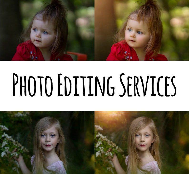 May include: A collage of four photos showing a young girl in different settings. The girl is wearing a red dress in the top two photos and a pink dress in the bottom two photos. The photos are arranged in a grid pattern with the text "PHOTO EDITING SERVICES" in the center.