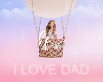 Father's Day I Love Dad Pink Hot Air Balloon Digital Backdrop, Father's Day I Love Dad Pink Hot Air Balloon Digital Background