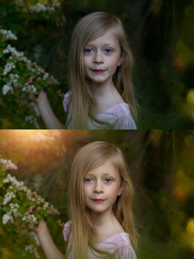 May include: A young girl with long blonde hair is standing in a garden. She is wearing a pink dress and looking directly at the camera. The background is blurred and features green foliage.