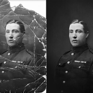 May include: A black and white photo of a man in a military uniform. The photo is damaged and torn, but the man's face is still visible. The photo has been restored on the right side of the image.
